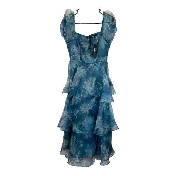 Lulu's Lulus Darling Vision Teal Floral Organza Puff Sleeve Tiered Midi Dress M - Picture 12 of 16